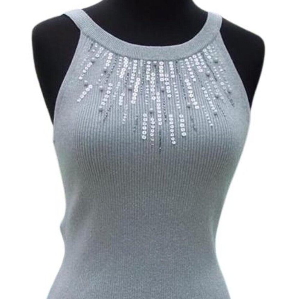 Cache Pearl Bead Sequin Encrusted Metallic Silver Top Open Back Stretch $88 NWT